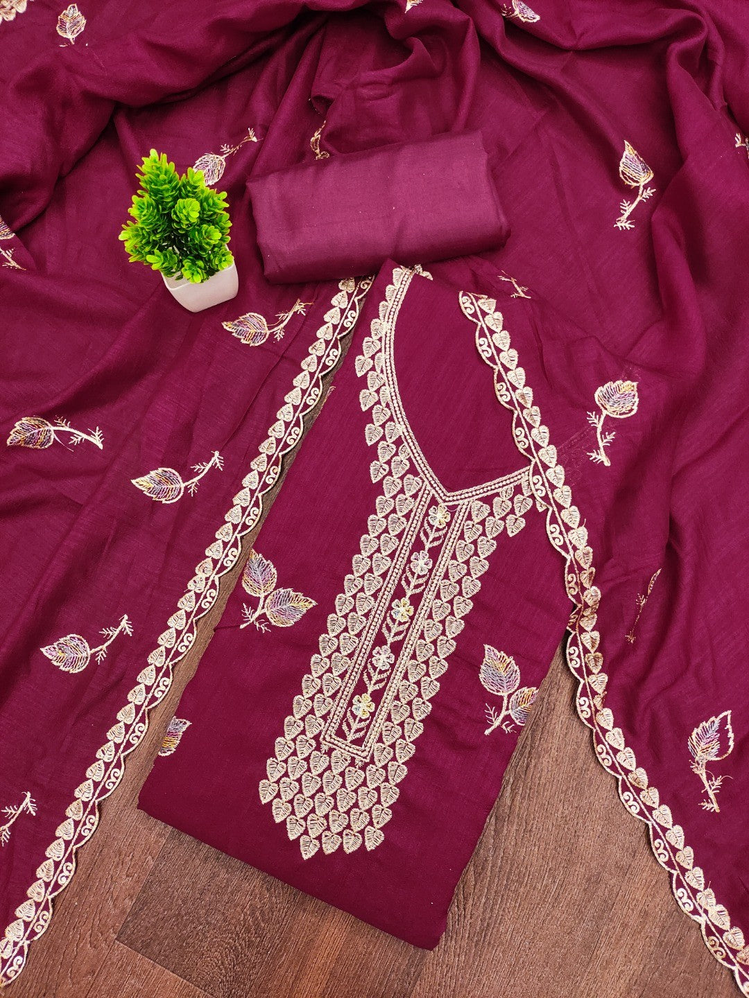 Premium Pink Leaf Embroidery Vichitra Silk Dress Material With Rich Textured Finish - Image 1