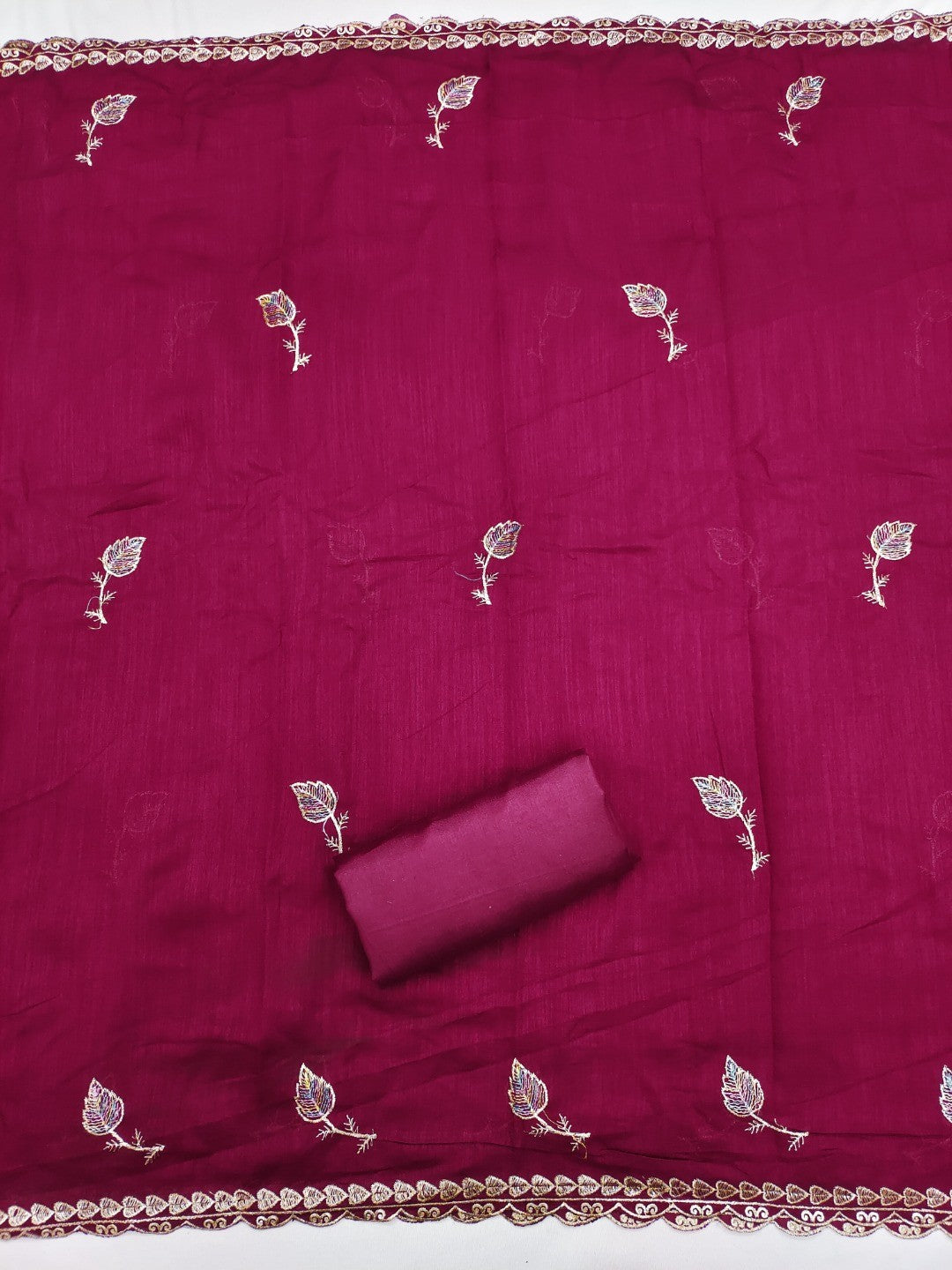 Premium Pink Leaf Embroidery Vichitra Silk Dress Material With Rich Textured Finish - Image 5
