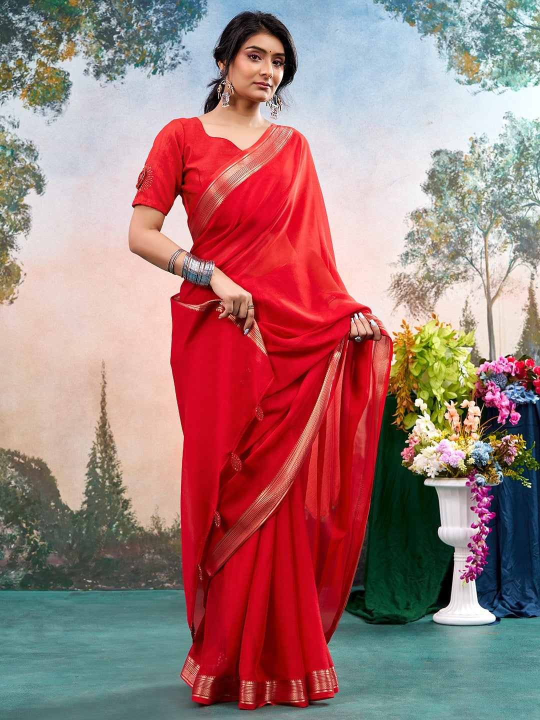 Red Chinon Saree Featuring Classic Golden Zari Border with Smooth Solid Finish - Image 1