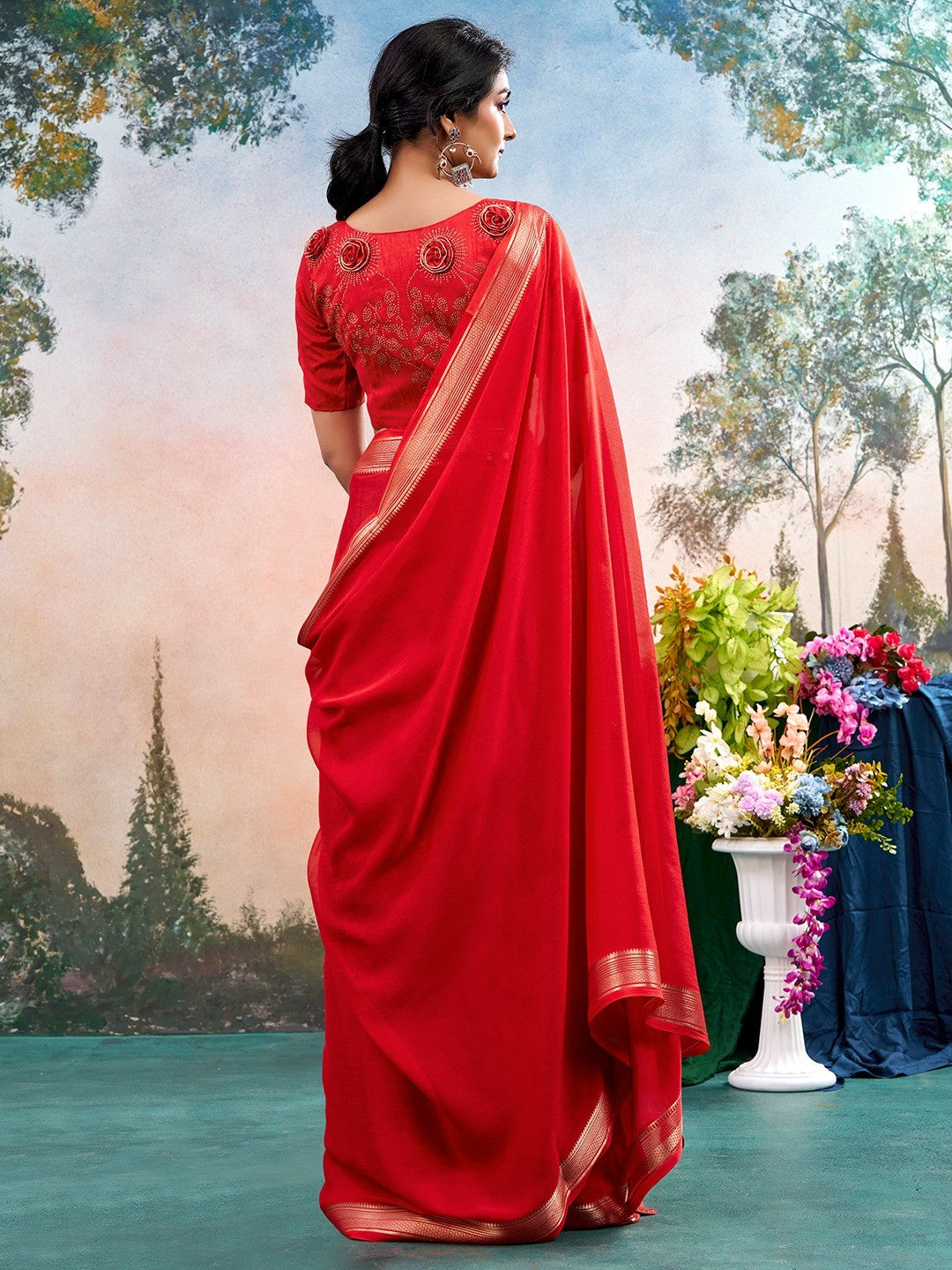Red Chinon Saree Featuring Classic Golden Zari Border with Smooth Solid Finish - Image 2