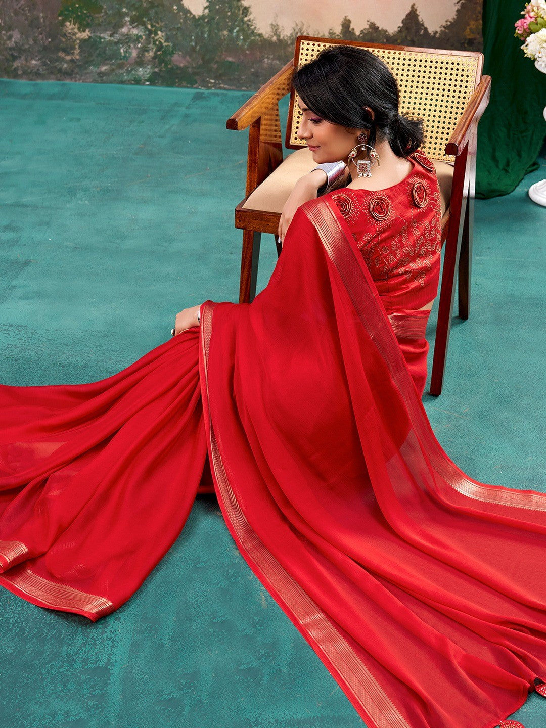 Red Chinon Saree Featuring Classic Golden Zari Border with Smooth Solid Finish - Image 4