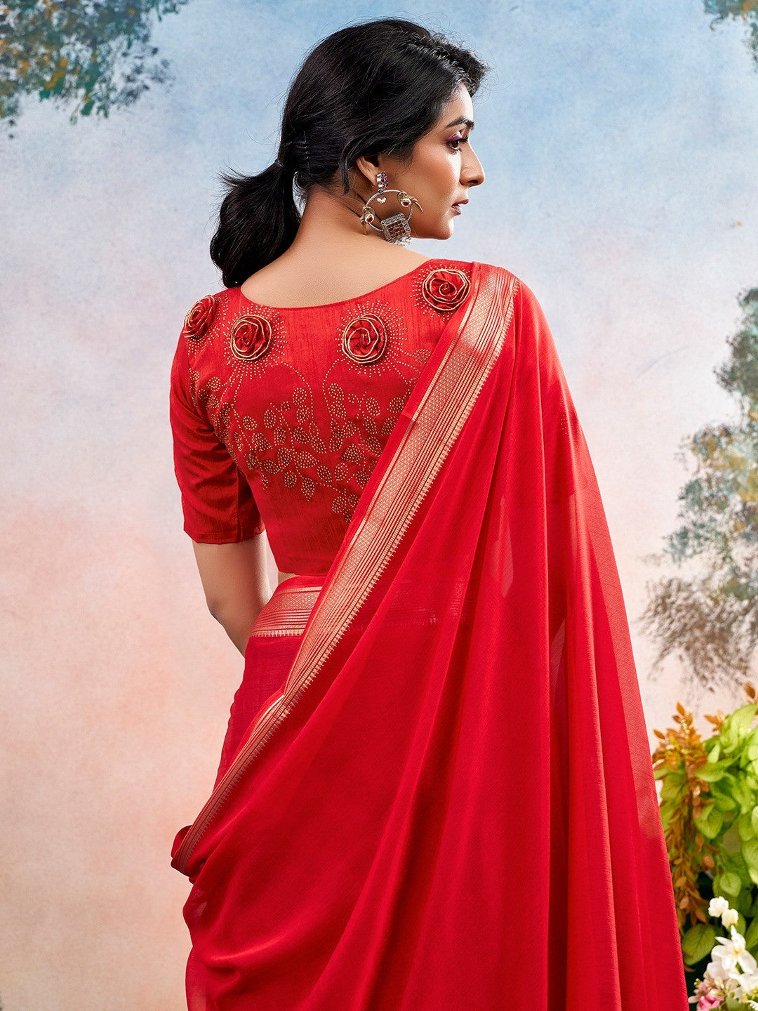 Red Chinon Saree Featuring Classic Golden Zari Border with Smooth Solid Finish - Image 3
