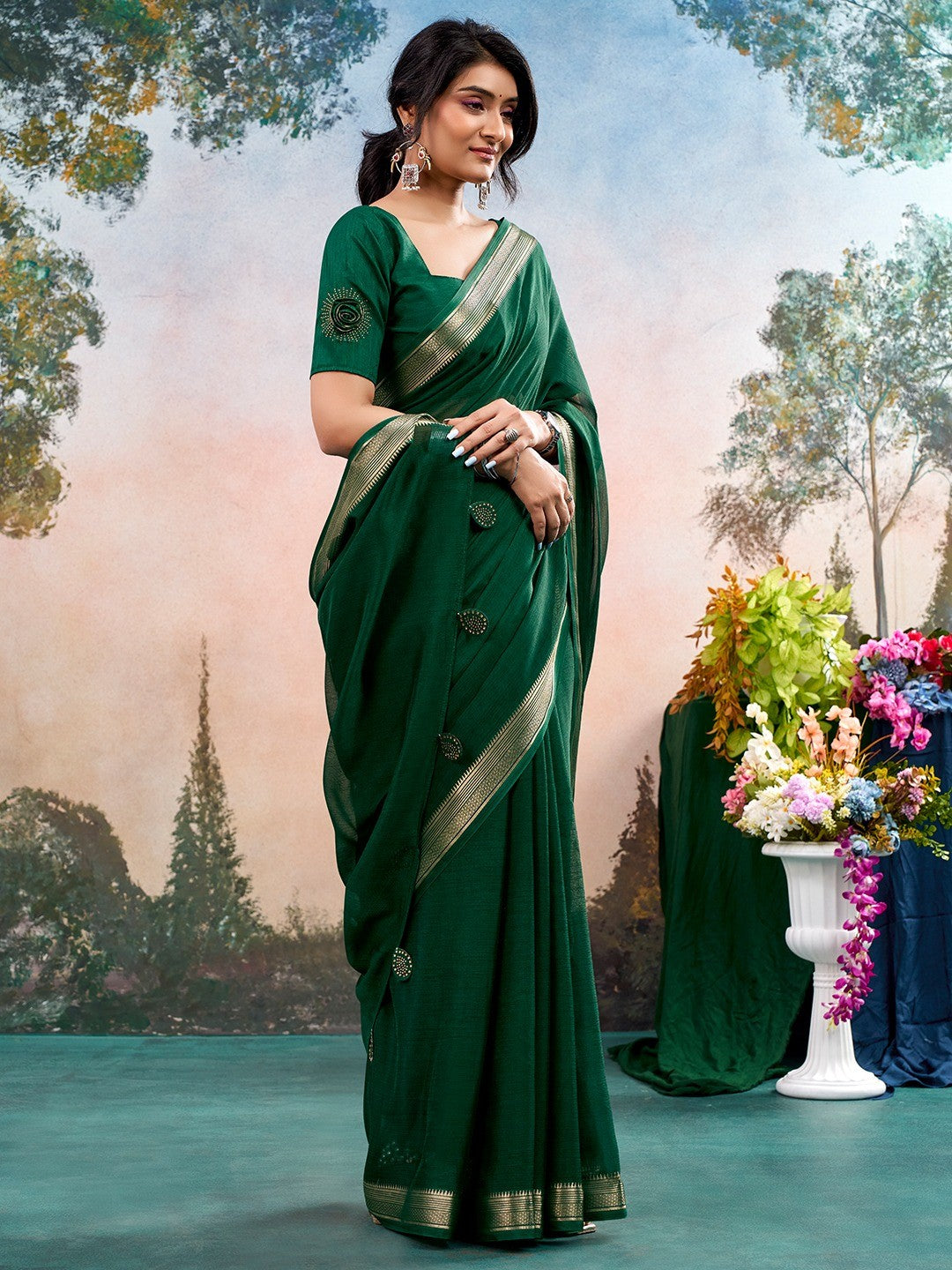 Green Chinon Saree Featuring Classic Golden Zari Border with Smooth Solid Finish - Image 1