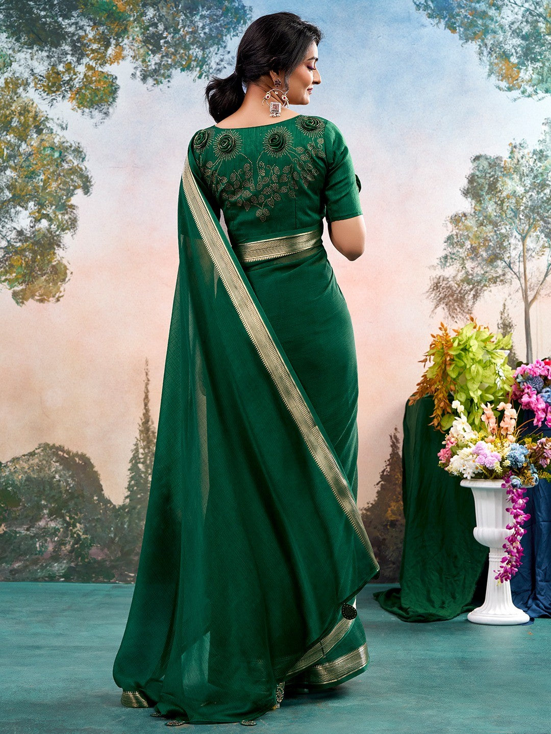 Green Chinon Saree Featuring Classic Golden Zari Border with Smooth Solid Finish - Image 3