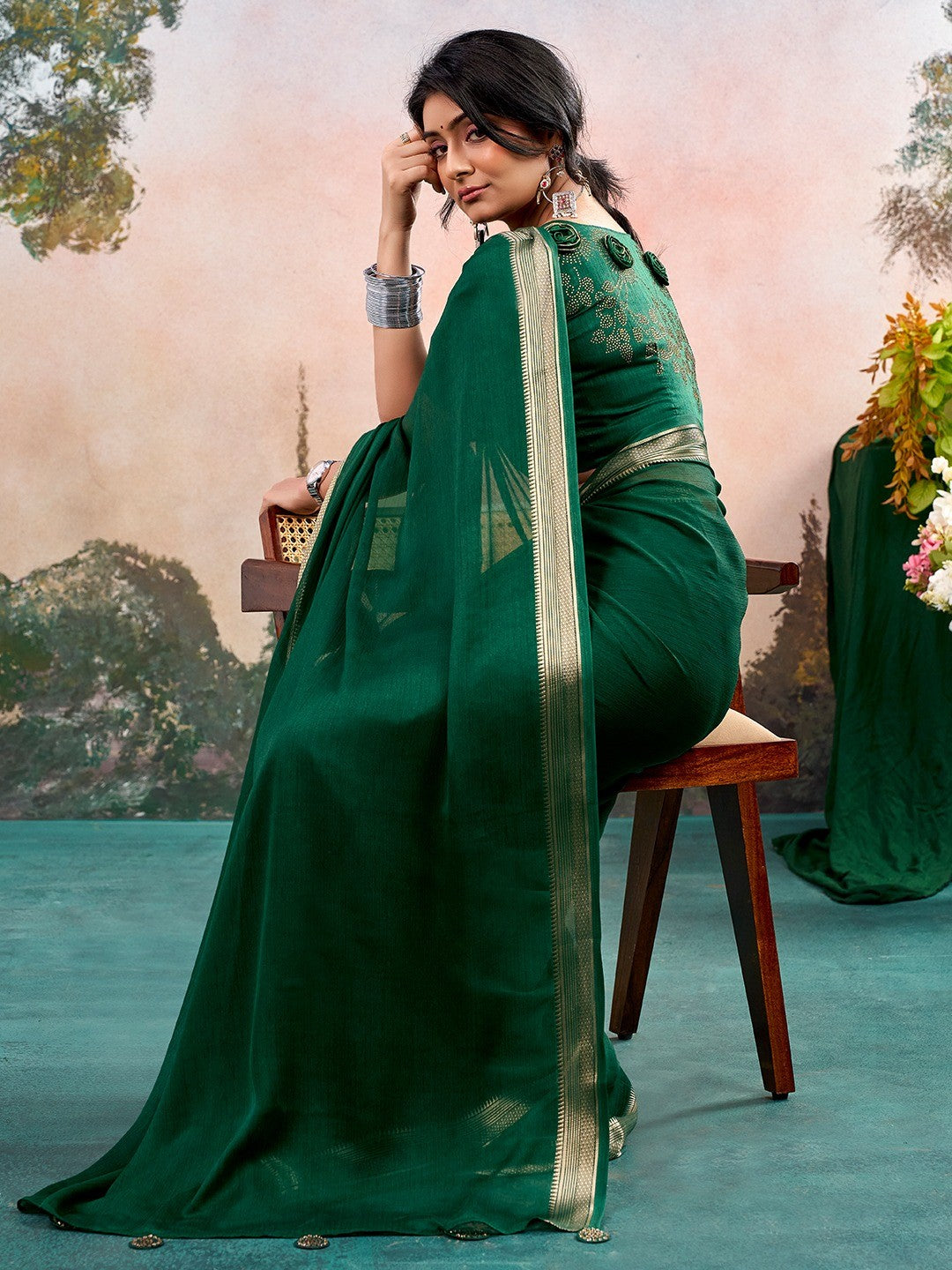 Green Chinon Saree Featuring Classic Golden Zari Border with Smooth Solid Finish - Image 5