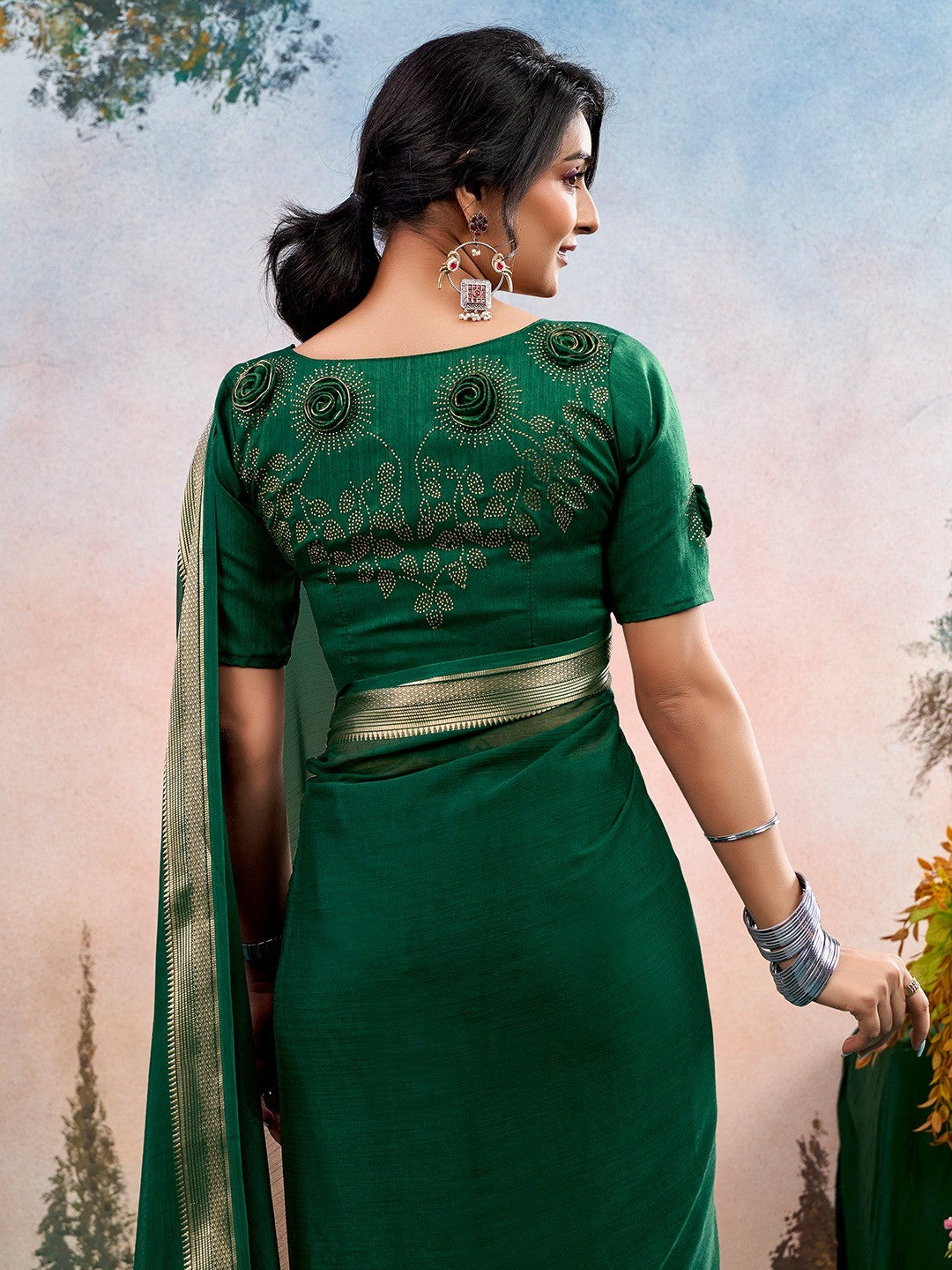 Green Chinon Saree Featuring Classic Golden Zari Border with Smooth Solid Finish - Image 5