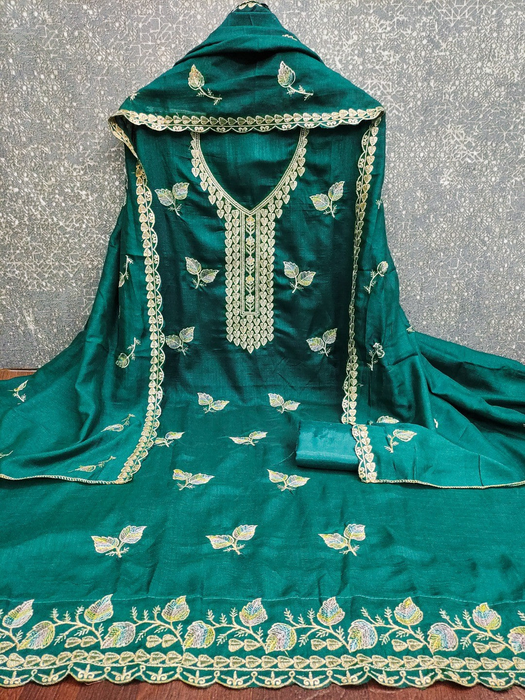 Premium Teal Green Leaf Embroidery Vichitra Silk Dress Material With Rich Textured Finish - Image 5