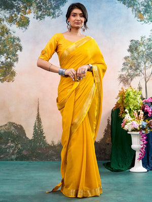 Mustard Chinon Saree Featuring Classic Golden Zari Border with Smooth Solid Finish - Image 1