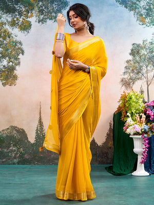 Mustard Chinon Saree Featuring Classic Golden Zari Border with Smooth Solid Finish - Image 2