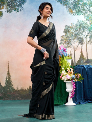 Black Chinon Saree Featuring Classic Golden Zari Border with Smooth Solid Finish - Image 1