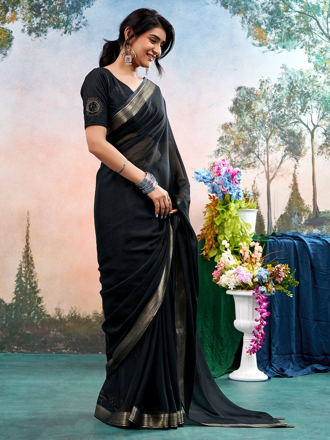 Black Chinon Saree Featuring Classic Golden Zari Border with Smooth Solid Finish - Image 2