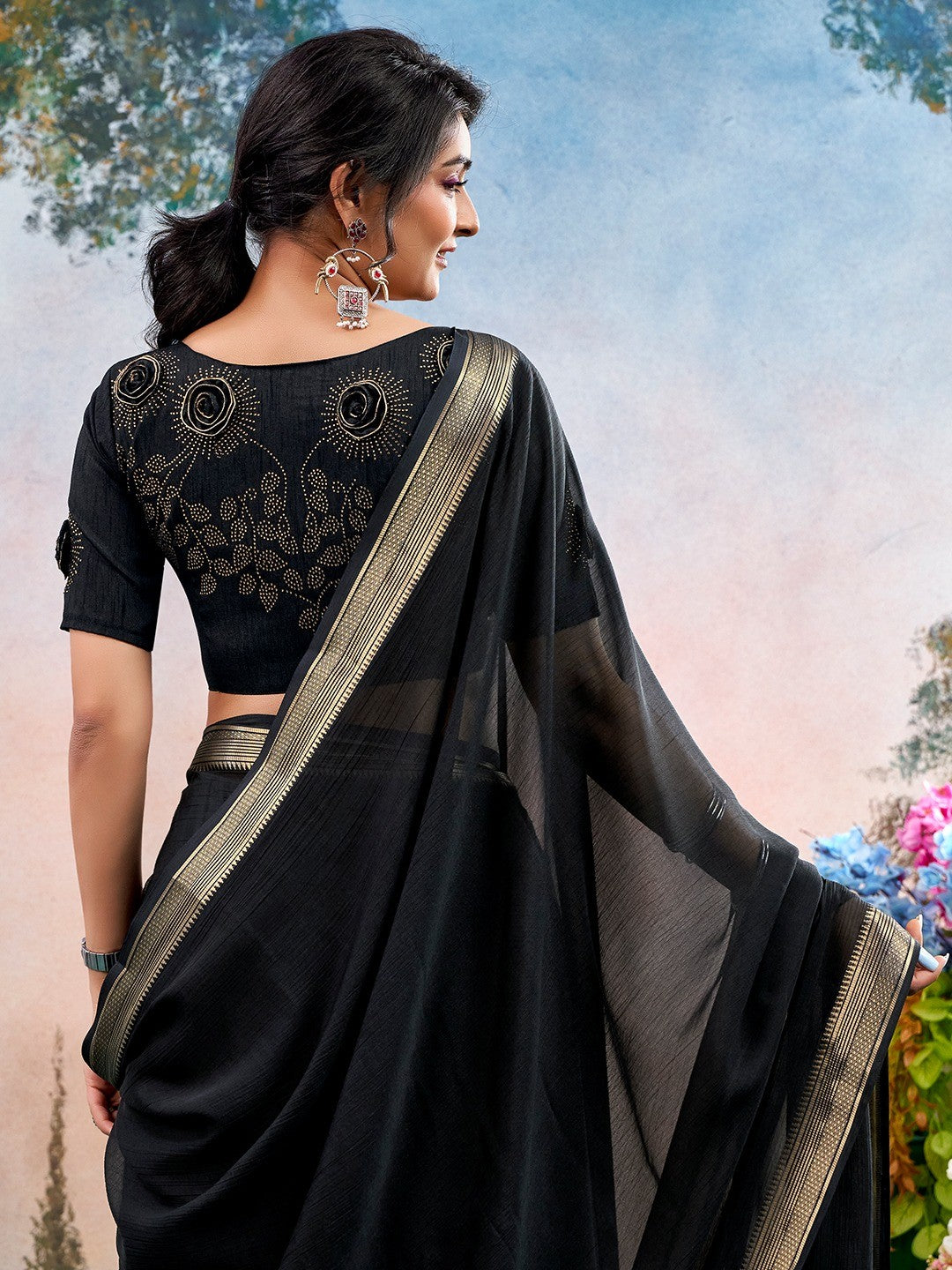 Black Chinon Saree Featuring Classic Golden Zari Border with Smooth Solid Finish - Image 4