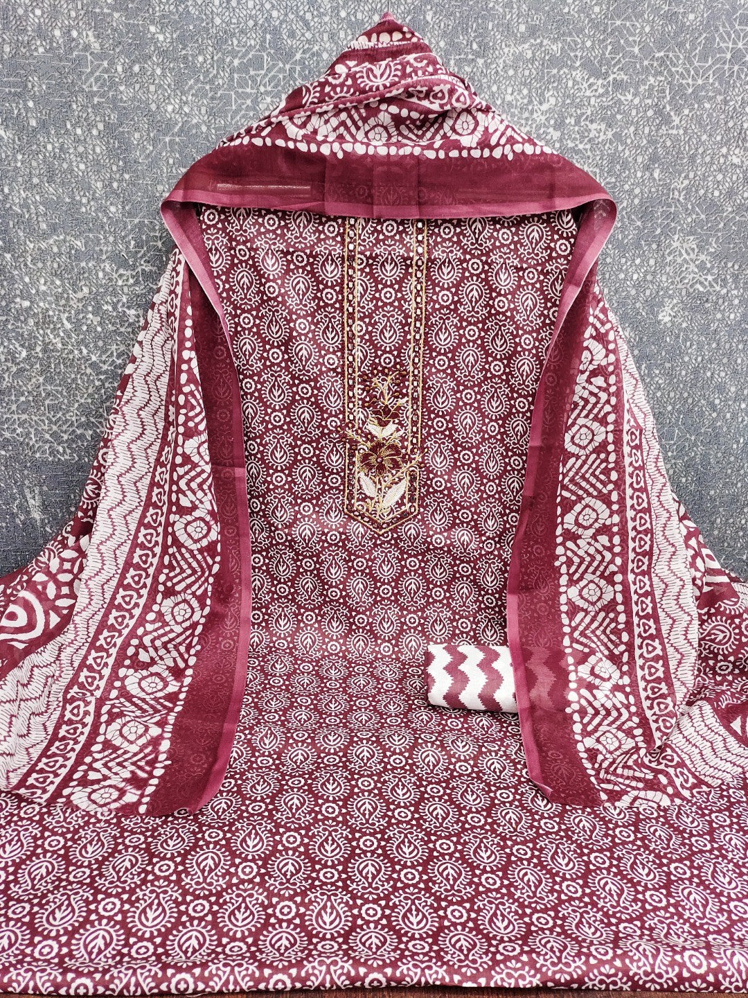 Classic Wine Printed Cotton Blend Dress Material Highlighted With Delicate Floral Embroidery On Neck - Image 2