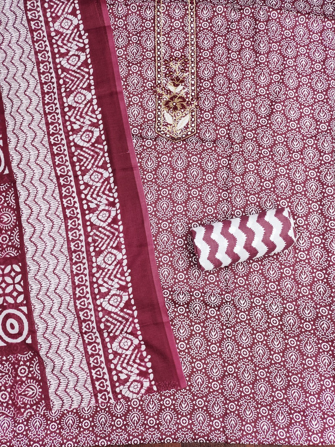 Classic Wine Printed Cotton Blend Dress Material Highlighted With Delicate Floral Embroidery On Neck - Image 3