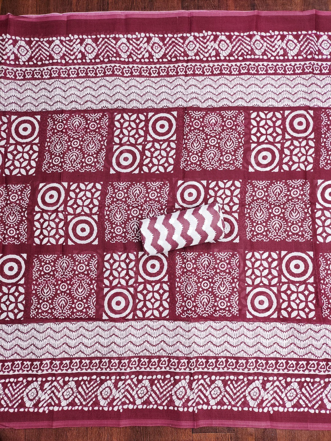 Classic Wine Printed Cotton Blend Dress Material Highlighted With Delicate Floral Embroidery On Neck - Image 4