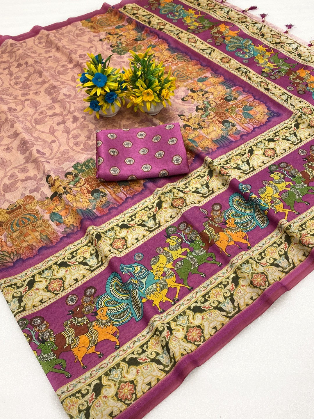 Traditional Pink Silk Blend Saree with Heritage Inspired Border for Wedding and Festive Wear - Image 3