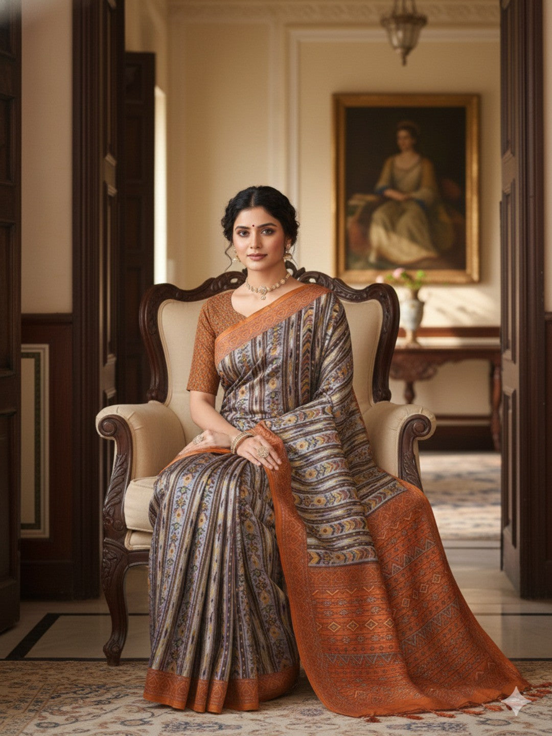 Festive Wear Grey Floral Print Silk Blend Saree with Sophisticated Ethnic Styling - Image 2