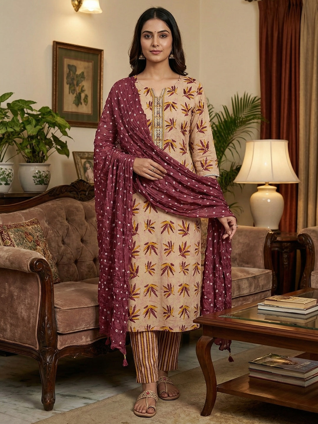 Mauve Leaf Printed Pure Cotton Dress Material With Hand Floral Embroidered Neckline - Image 2