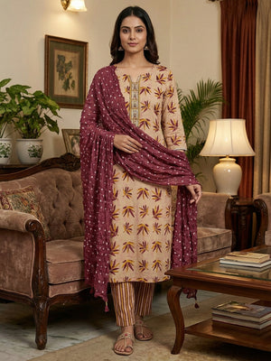 Mauve Leaf Printed Pure Cotton Dress Material With Hand Floral Embroidered Neckline - Image 2