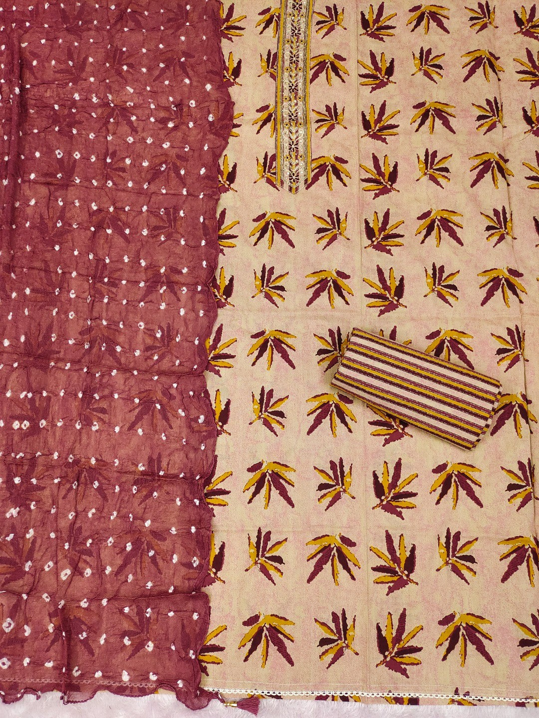 Mauve Leaf Printed Pure Cotton Dress Material With Hand Floral Embroidered Neckline - Image 3