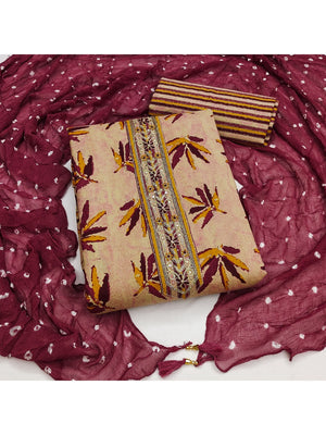Mauve Leaf Printed Pure Cotton Dress Material With Hand Floral Embroidered Neckline - Image 1