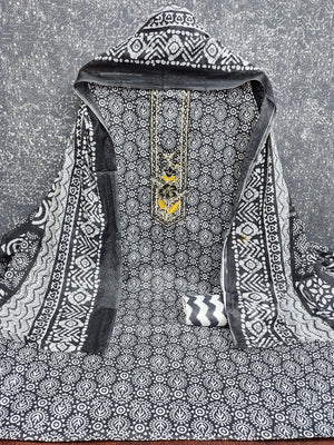 Classic Black Printed Cotton Blend Dress Material Highlighted With Delicate Floral Embroidery On Neck - Image 2