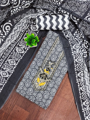Classic Black Printed Cotton Blend Dress Material Highlighted With Delicate Floral Embroidery On Neck - Image 1
