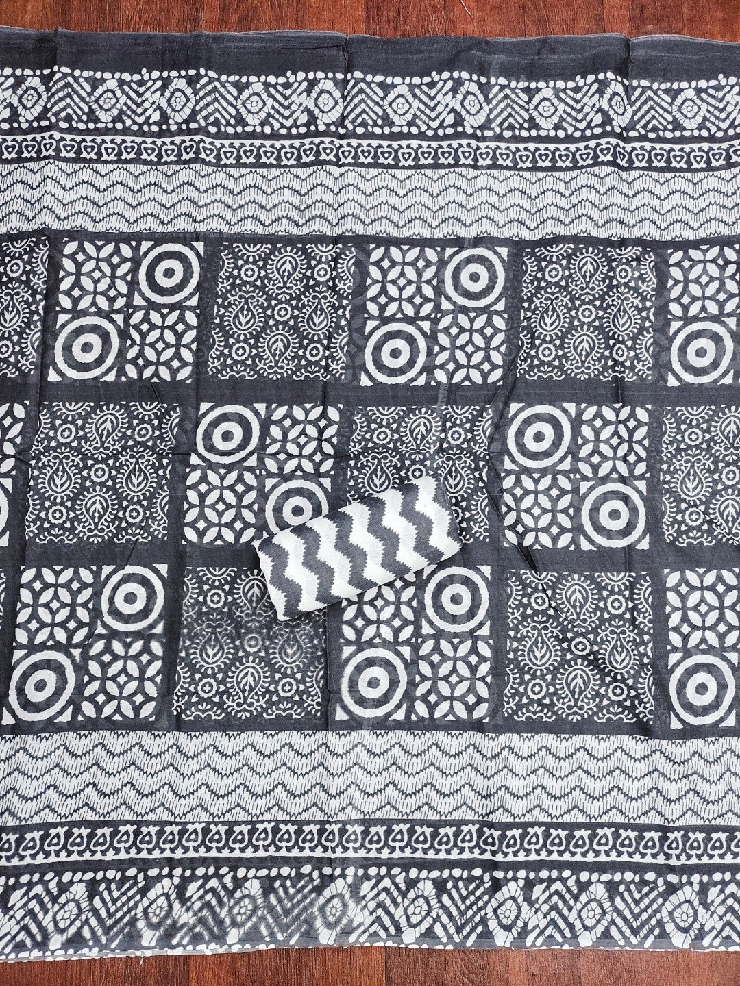 Classic Black Printed Cotton Blend Dress Material Highlighted With Delicate Floral Embroidery On Neck - Image 4