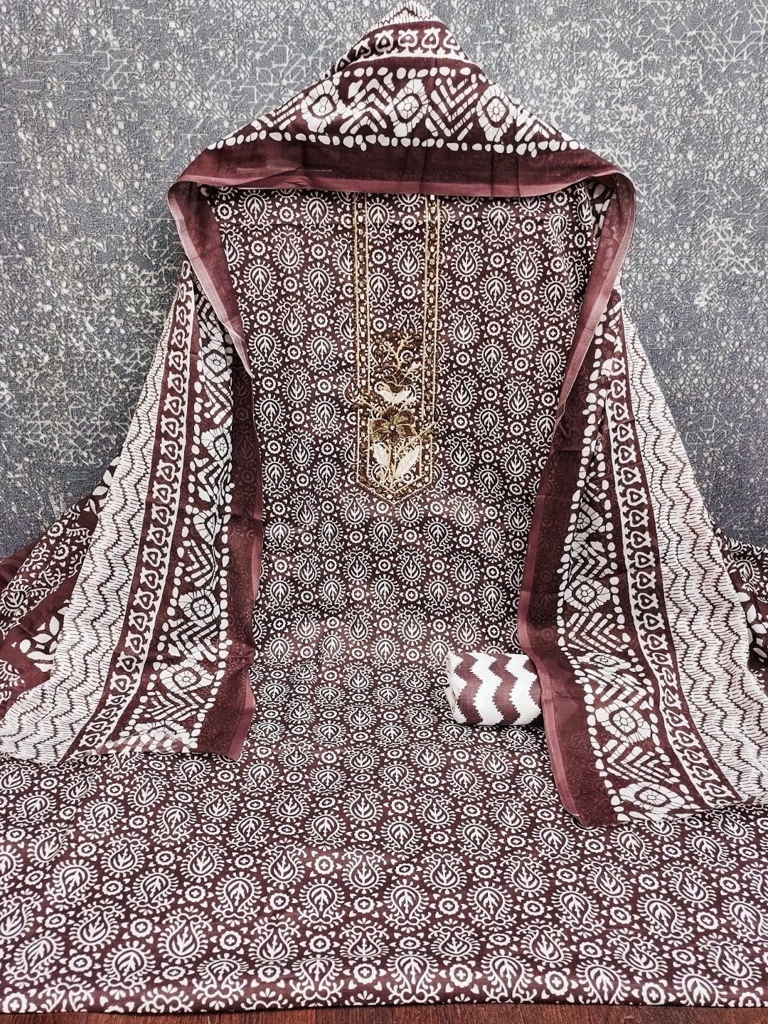 Classic Brown Printed Cotton Blend Dress Material Highlighted With Delicate Floral Embroidery On Neck - Image 2