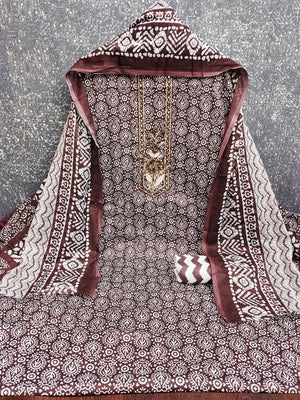 Classic Brown Printed Cotton Blend Dress Material Highlighted With Delicate Floral Embroidery On Neck - Image 2