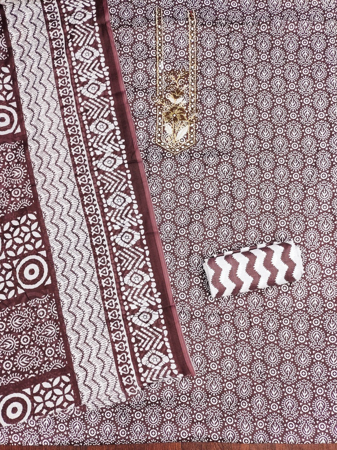 Classic Brown Printed Cotton Blend Dress Material Highlighted With Delicate Floral Embroidery On Neck - Image 3