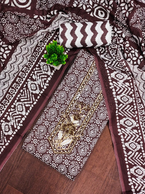 Classic Brown Printed Cotton Blend Dress Material Highlighted With Delicate Floral Embroidery On Neck - Image 1