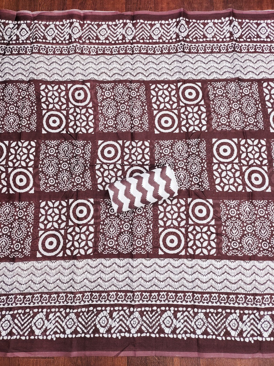 Classic Brown Printed Cotton Blend Dress Material Highlighted With Delicate Floral Embroidery On Neck - Image 4