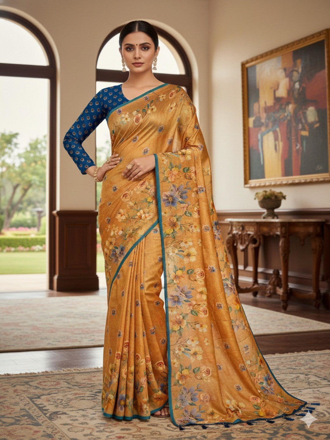 Mustard Floral Printed Silk Blend Saree with Blue Border - Image 1