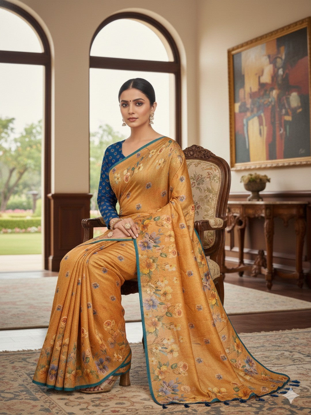Mustard Floral Printed Silk Blend Saree with Blue Border - Image 2