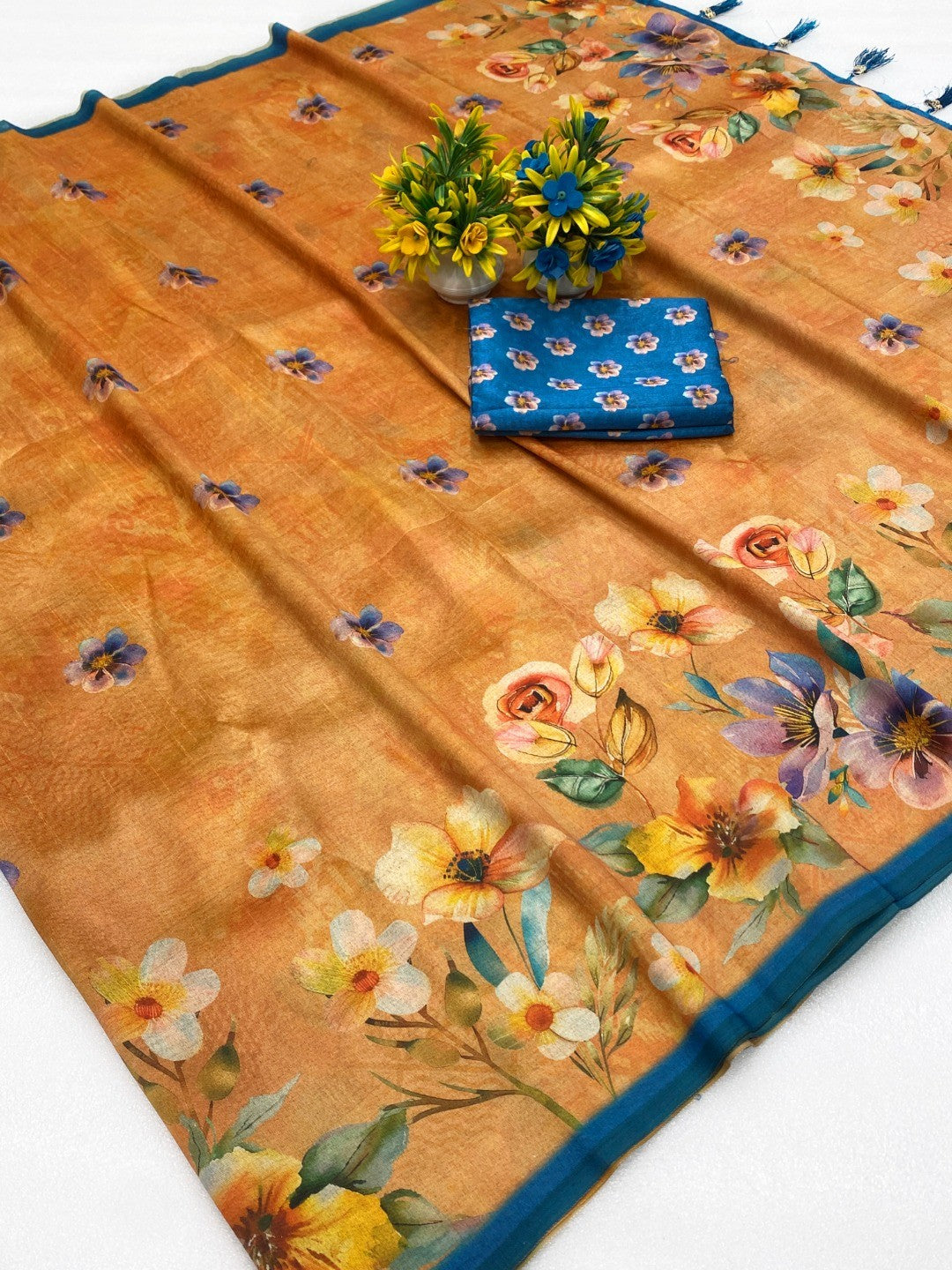 Mustard Floral Printed Silk Blend Saree with Blue Border - Image 3