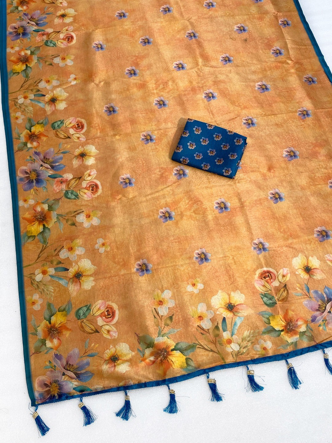 Mustard Floral Printed Silk Blend Saree with Blue Border - Image 4