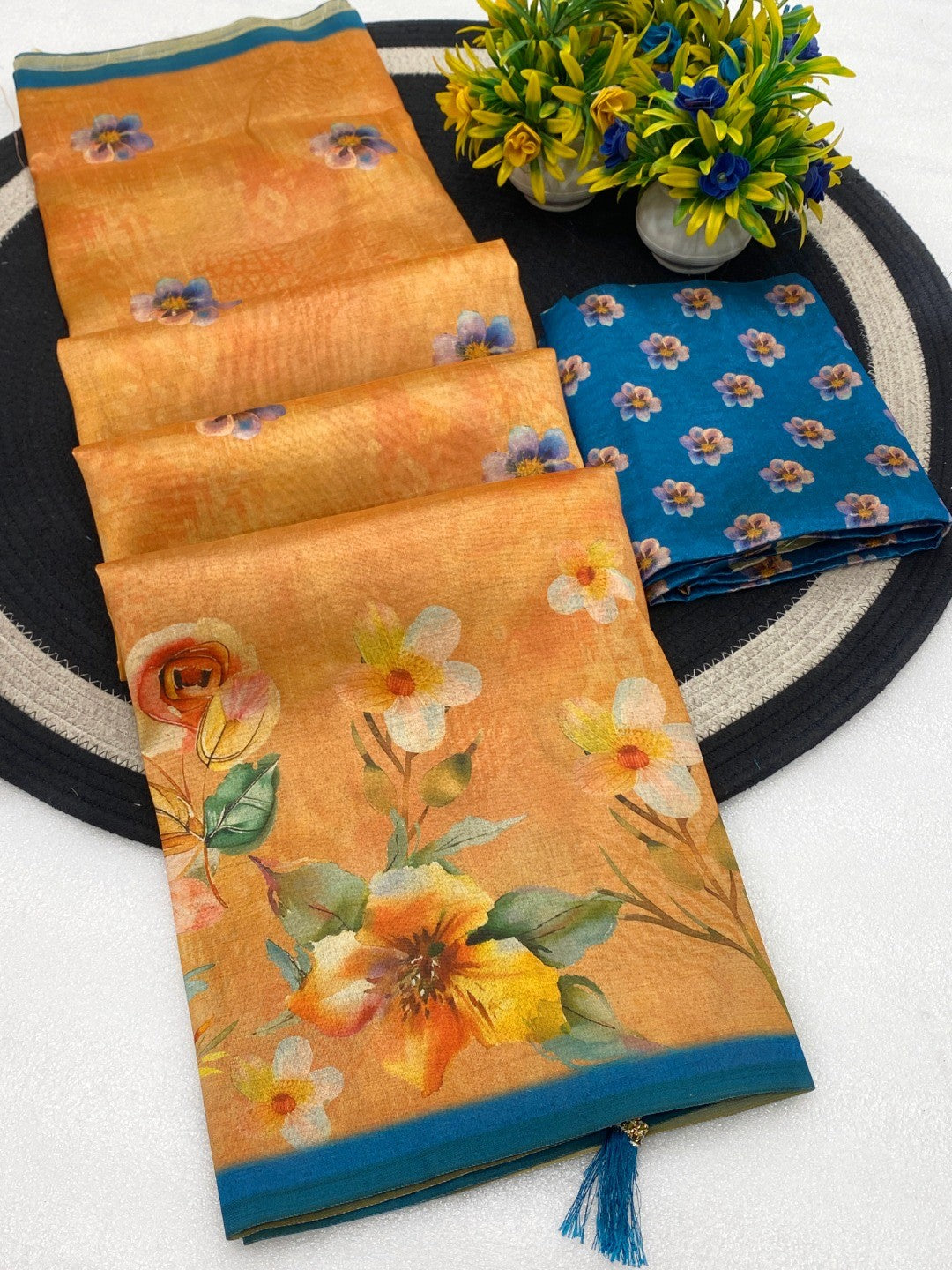Mustard Floral Printed Silk Blend Saree with Blue Border - Image 5