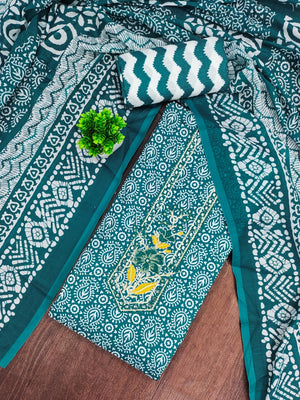 Classic Teal Printed Cotton Blend Dress Material Highlighted With Delicate Floral Embroidery On Neck - Image 1