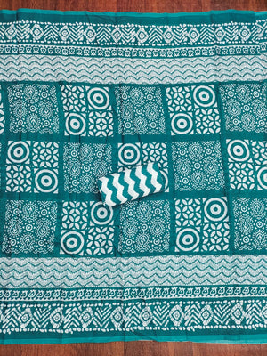 Classic Teal Printed Cotton Blend Dress Material Highlighted With Delicate Floral Embroidery On Neck - Image 2