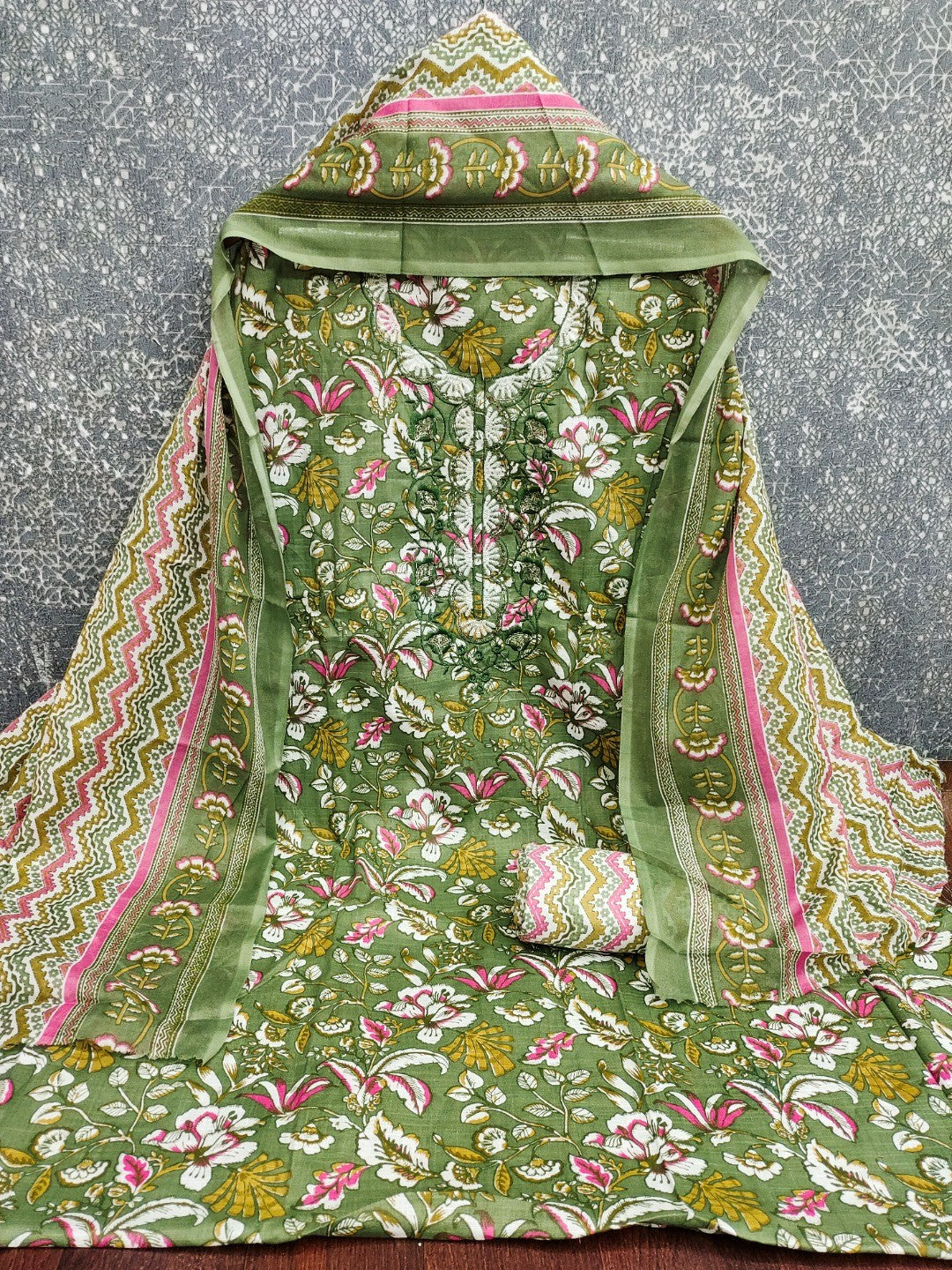 Fresh Green Floral Printed Cotton Blend Dress Material With Elegant Sequins Embroidery Work On Neck - Image 2