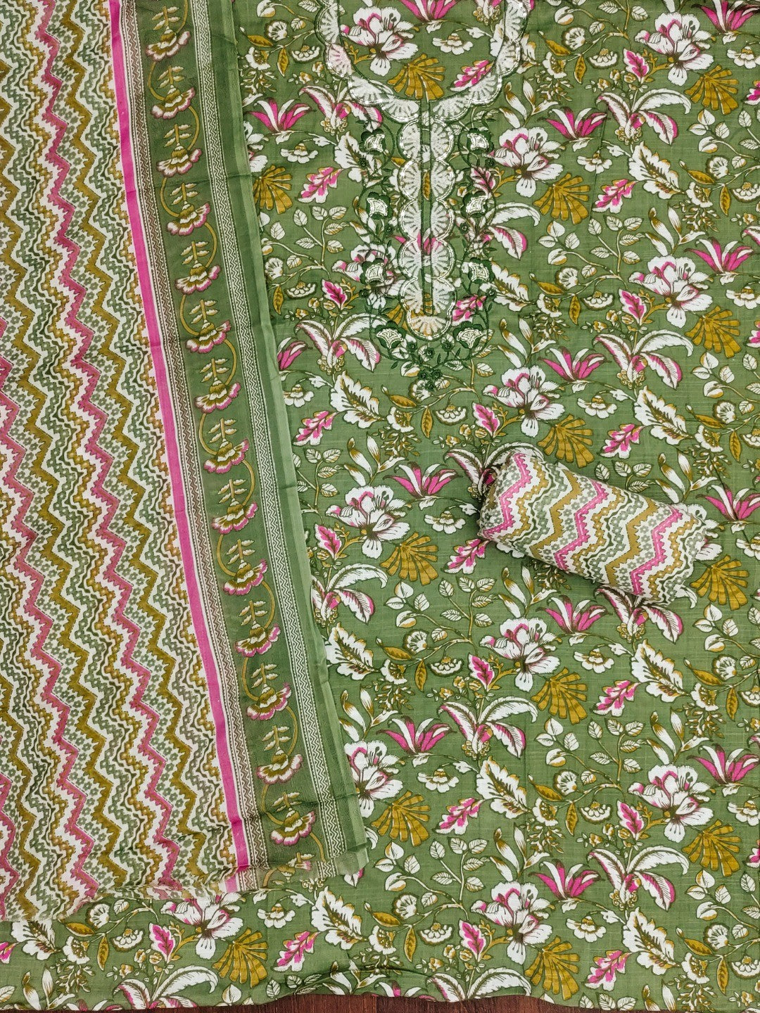 Fresh Green Floral Printed Cotton Blend Dress Material With Elegant Sequins Embroidery Work On Neck - Image 3