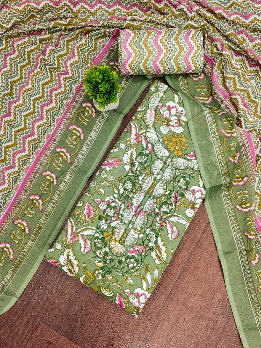 Fresh Green Floral Printed Cotton Blend Dress Material With Elegant Sequins Embroidery Work On Neck - Image 4