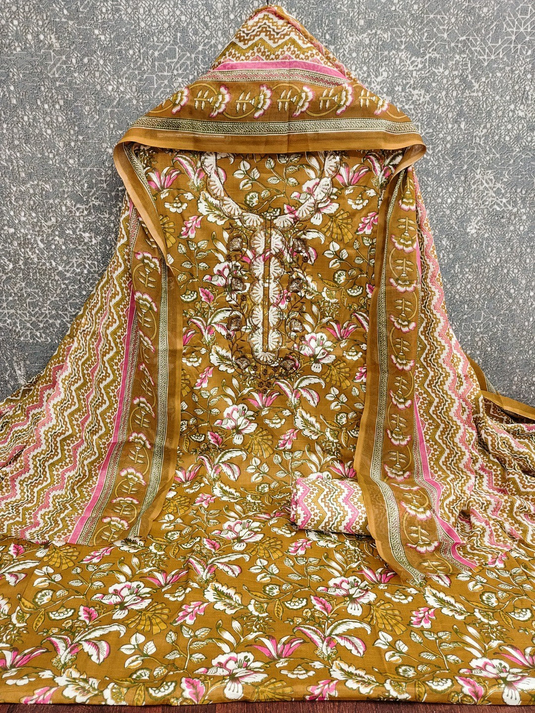 Fresh Mustard Floral Printed Cotton Blend Dress Material With Elegant Sequins Embroidery Work On Neck - Image 5