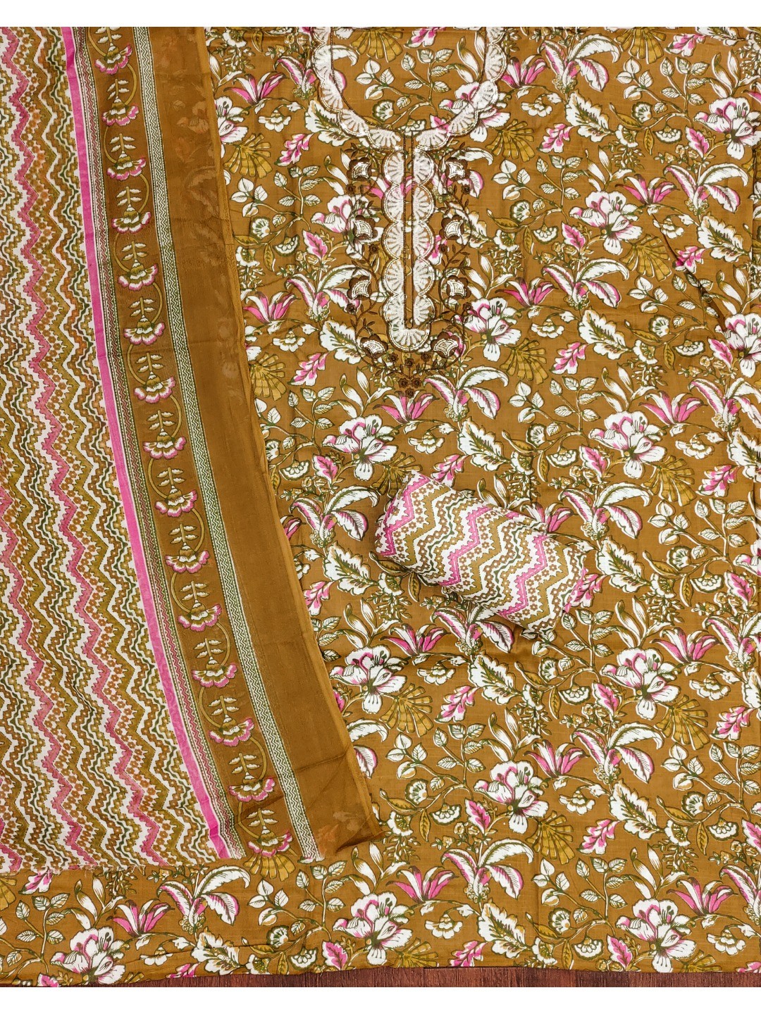 Fresh Mustard Floral Printed Cotton Blend Dress Material With Elegant Sequins Embroidery Work On Neck - Image 3