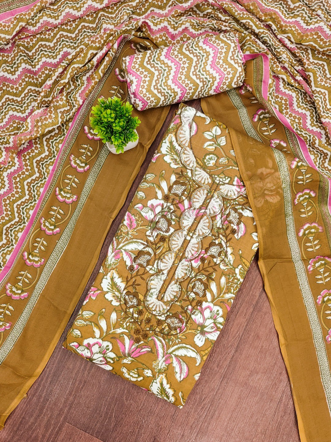 Fresh Mustard Floral Printed Cotton Blend Dress Material With Elegant Sequins Embroidery Work On Neck - Image 1