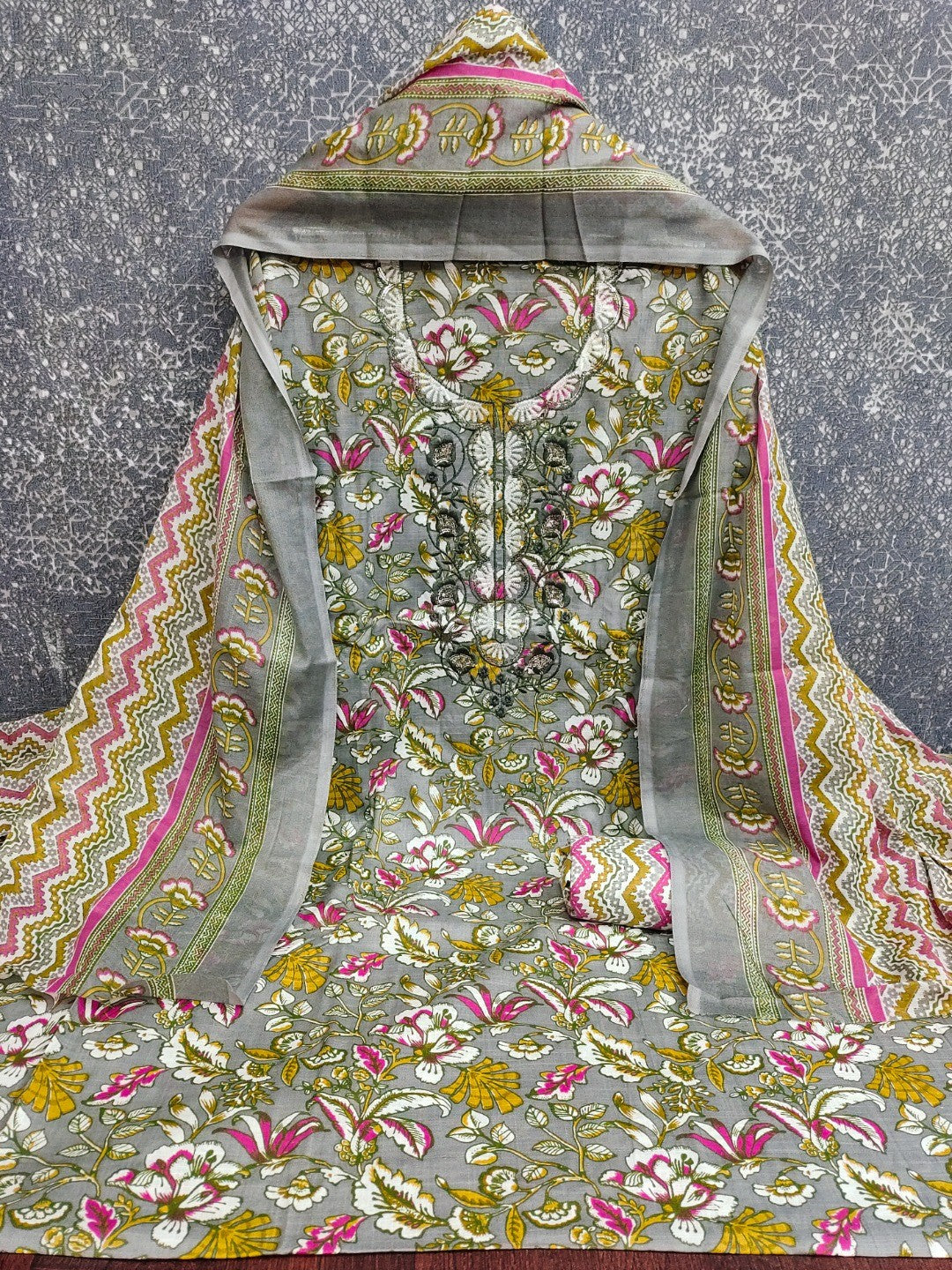 Fresh Grey Floral Printed Cotton Blend Dress Material With Elegant Sequins Embroidery Work On Neck - Image 4