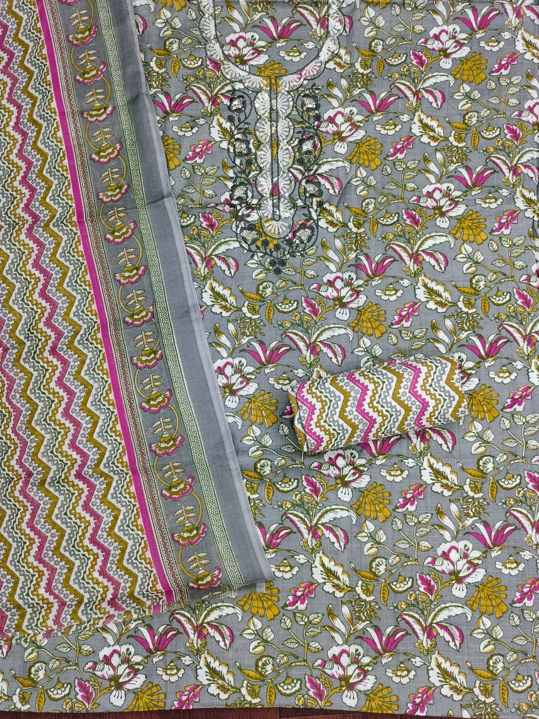 Fresh Grey Floral Printed Cotton Blend Dress Material With Elegant Sequins Embroidery Work On Neck - Image 2