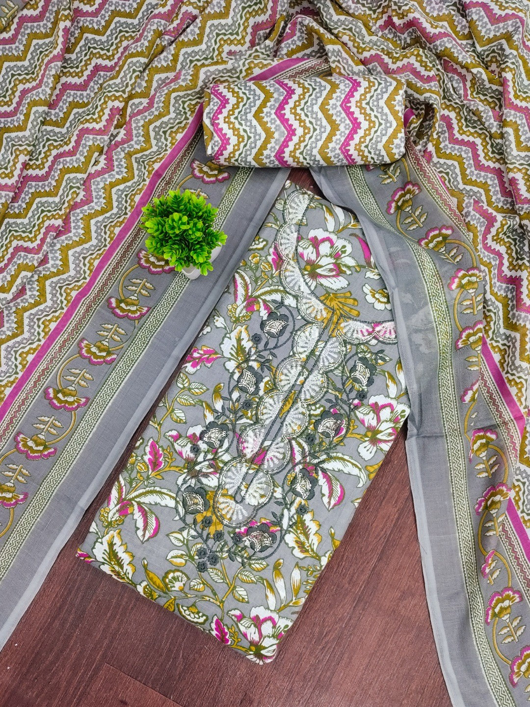 Fresh Grey Floral Printed Cotton Blend Dress Material With Elegant Sequins Embroidery Work On Neck - Image 3