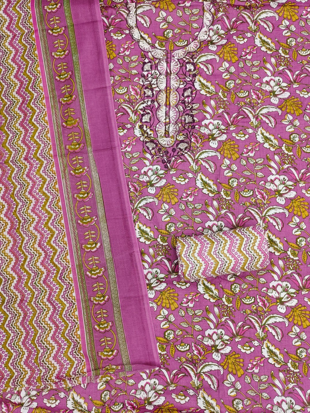 Fresh Pink Floral Printed Cotton Blend Dress Material With Elegant Sequins Embroidery Work On Neck - Image 3